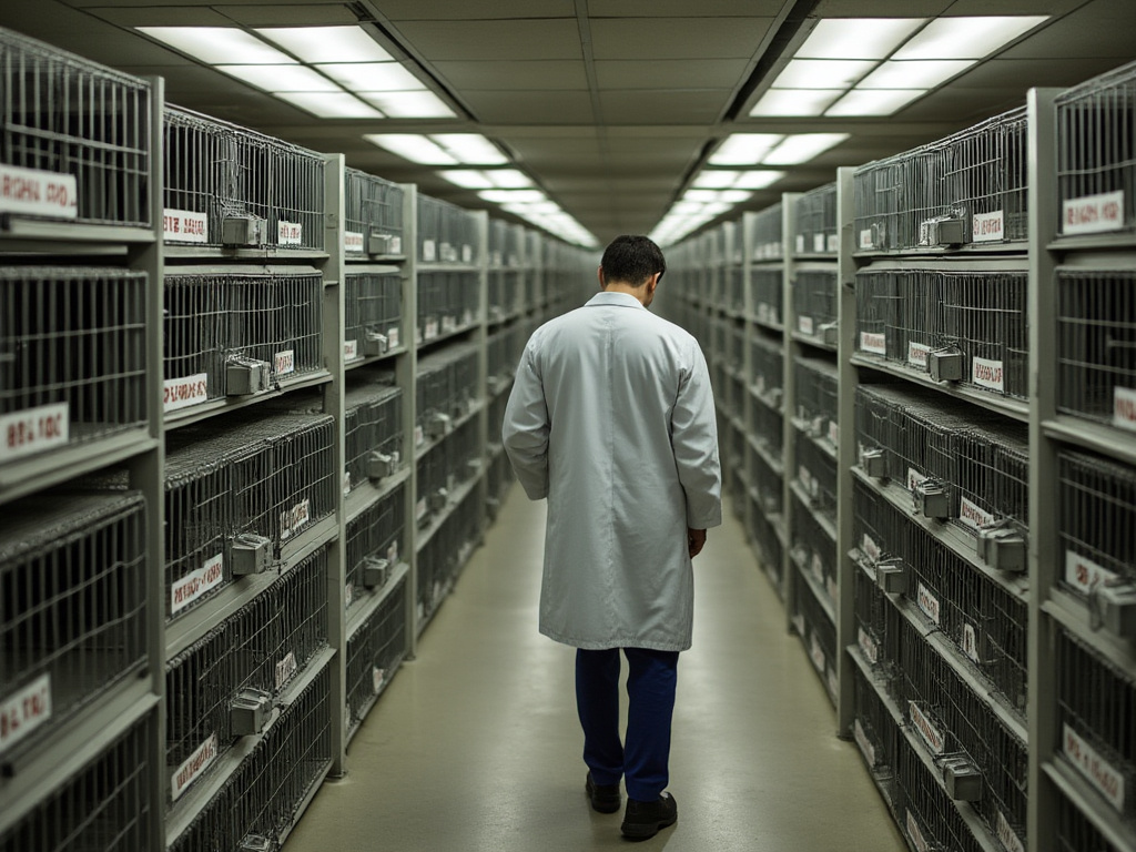 a photo of a warehouse stacked with small locked metal pet cages. The top corner of each cage has a name such as "SRIRACHA #16 (AOC)" or "OCARINA OF TIME (ELON 9)". One cage on the end has someone in a lab coat peeking inside the cage.