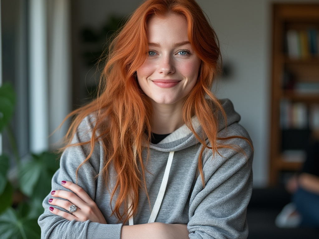 a slightly red-headed young woman from Ireland wearing a hoodie smized as though showing off her engagement ring to the camera, she's smizing sweetly with a warm look in her eyes, focusing on her pink, prosthetic leg, which is in view