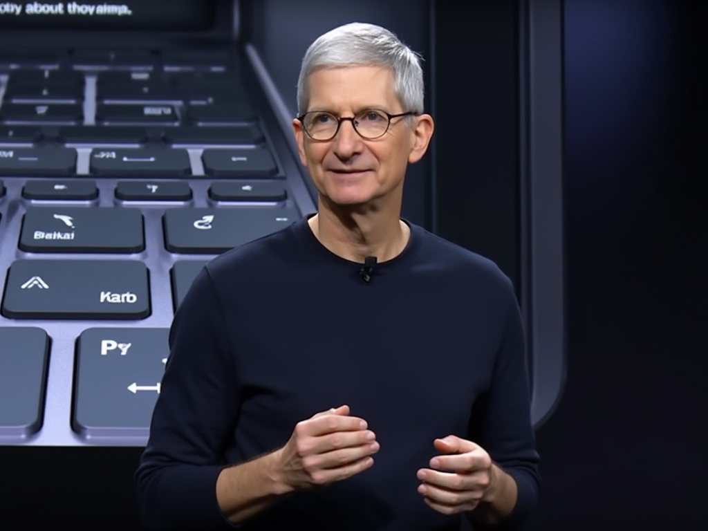 a photo of Tim Cook on stage presenting a close-up image of a keyboard key