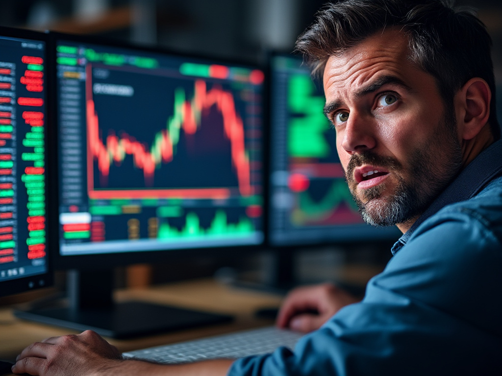 a man with a look of shock and horror at the stock ticker on his computer screen