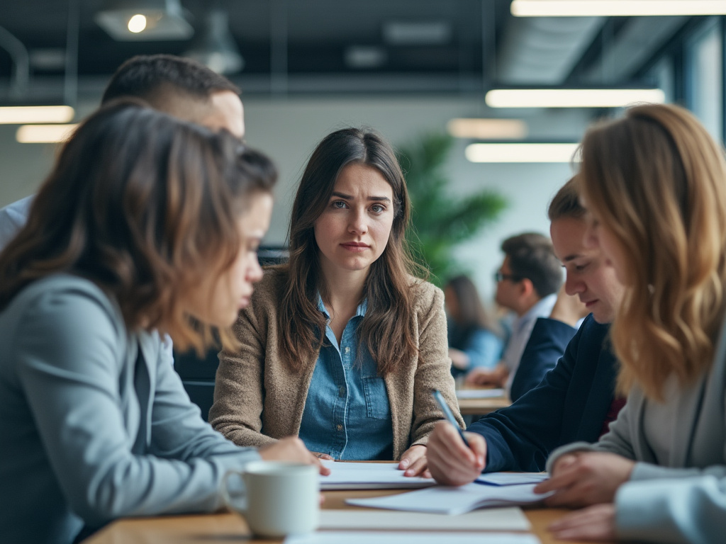 a photo of sad looking people in a business office