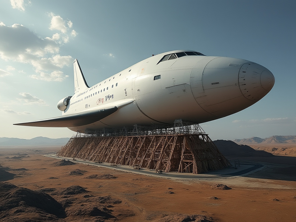 a photo of China launching a slightly larger starship than SpaceX's, and the Starship is sitting on top of hundreds of wooden ladders