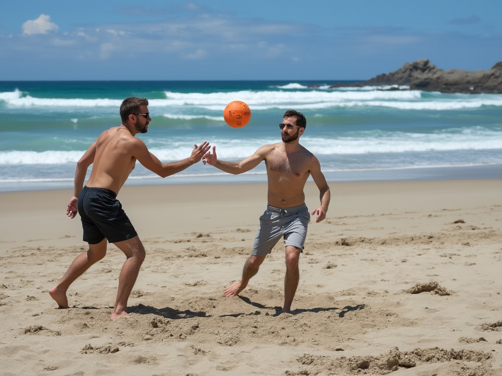a photo of a man playing spikeball with a friend at the beach
