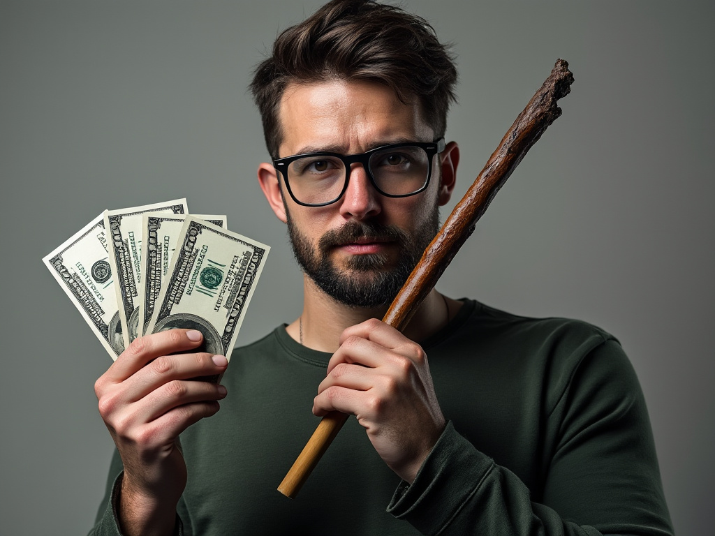 a picture of a man holding a stick in one hand and money in the other