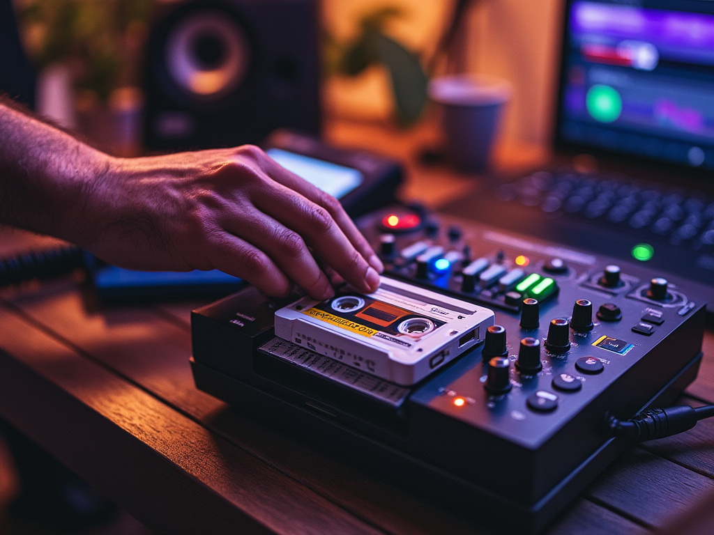 a photo of a DJ playing a cassette deck and a picture of a man on a laptop discovering what song came from the cassette
