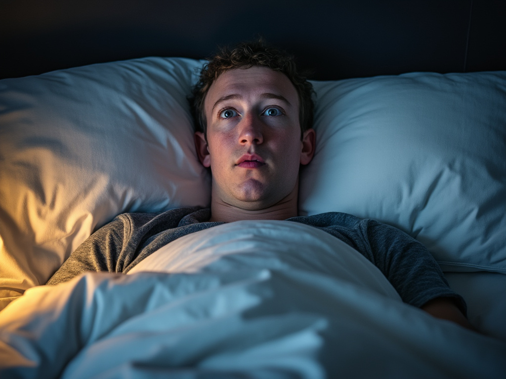 a photo of Mark Zuckerberg sitting up in bed, eyes wide, in shock