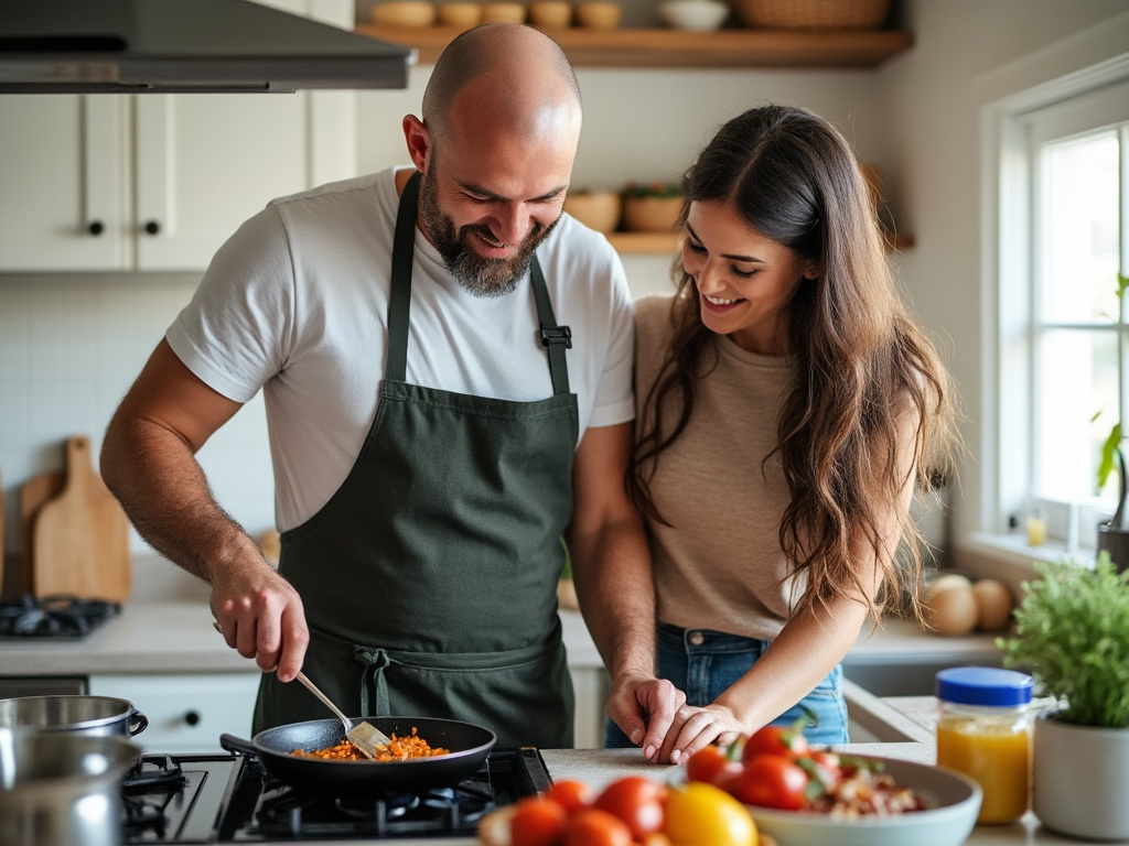 a photo of a dad using a spatula while wearing an apron, cooking over a skillet with a small box of kitchen supplies on the counter behind him, and a smiling wife looking over his shoulder