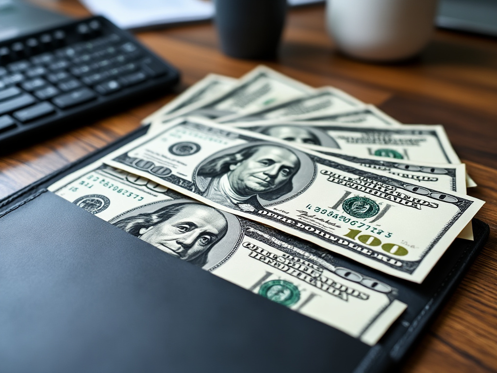 a top down photo of dollars money in office folder on table desk
