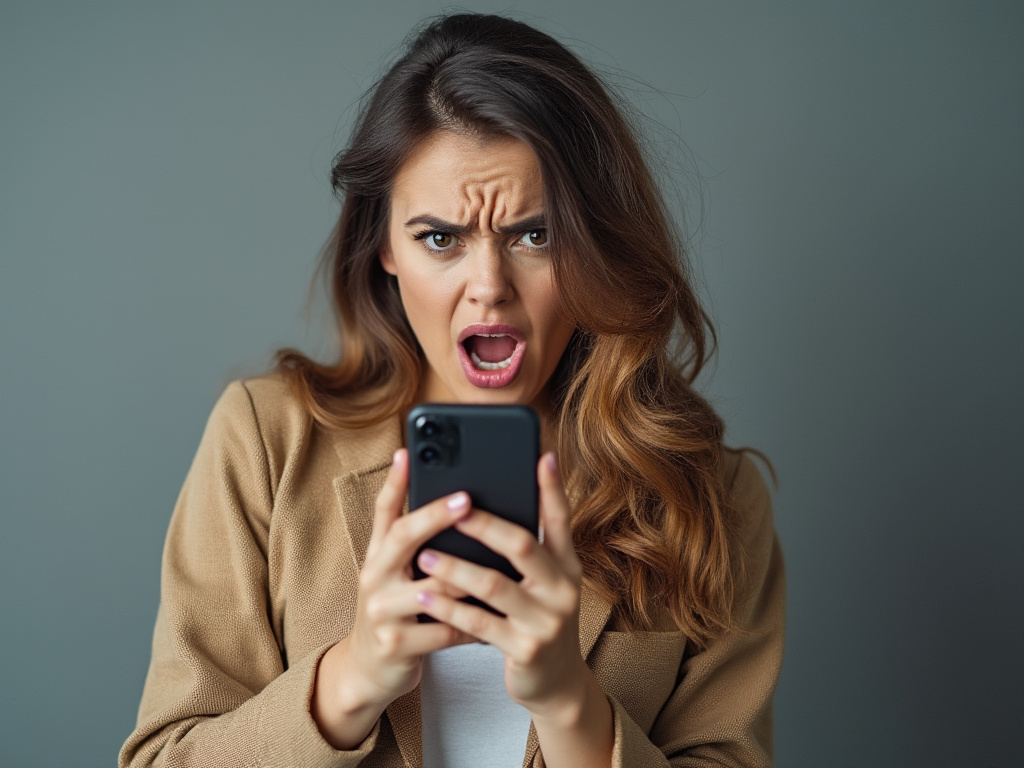 a young woman holding an iPhone outraged