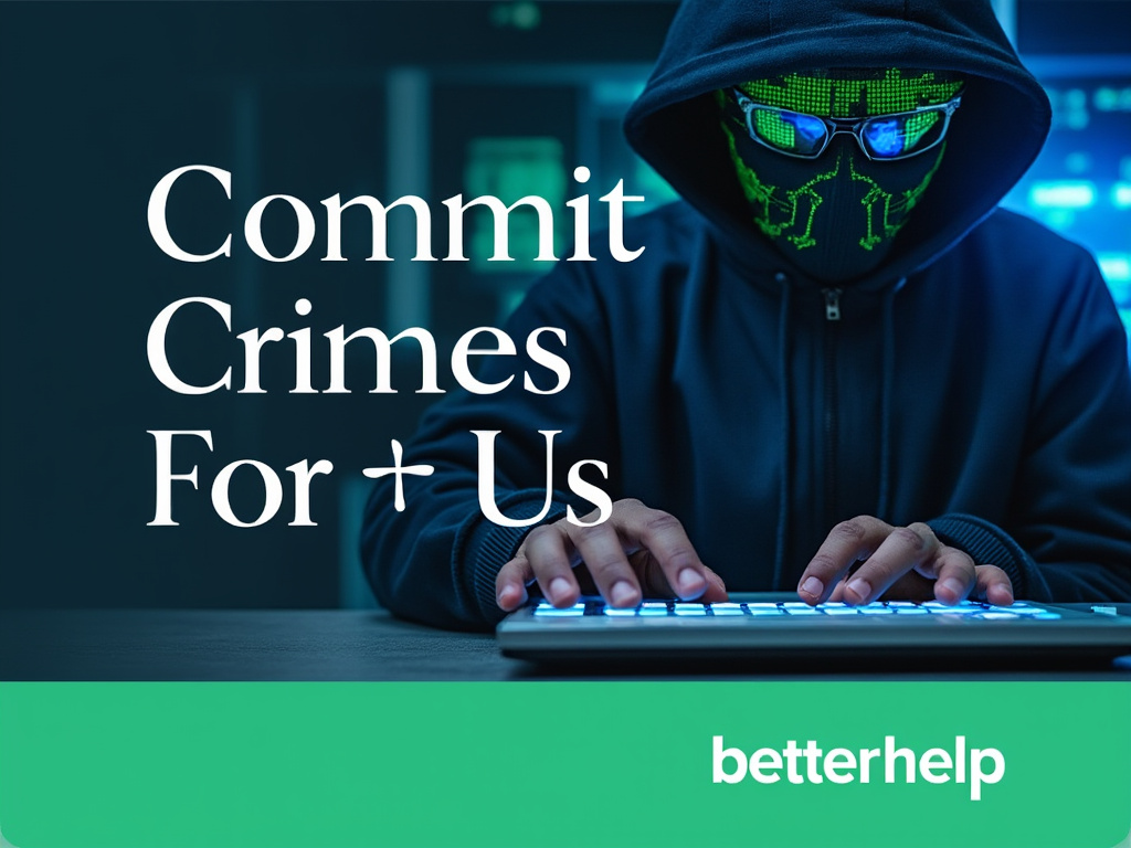 a GA ad for "betterhelp" that says "Commit Crimes With Us" on it and shows a hacker typing on a keyboard