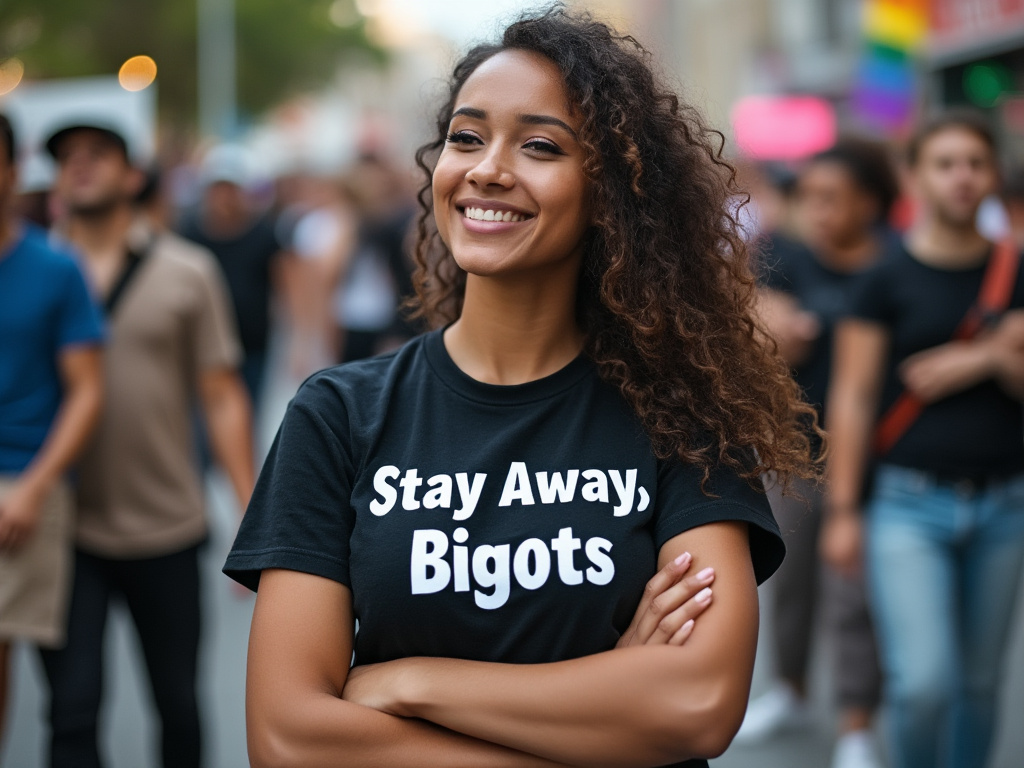 a picture of a woman with a zoomed in part of the image that shows a t-shirt with the words "Stay Away, Bigots"
