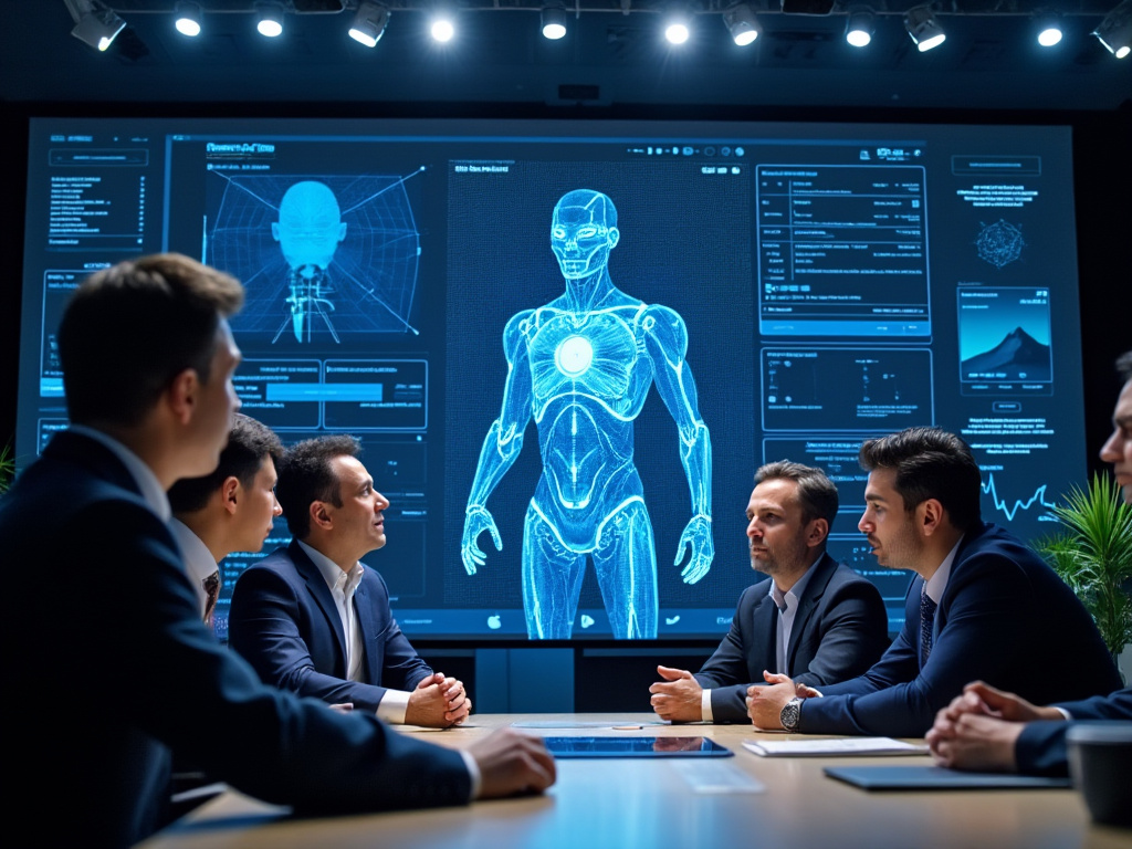 Apple and Disney executives around a table concerned and looking at a holographic projection of AI