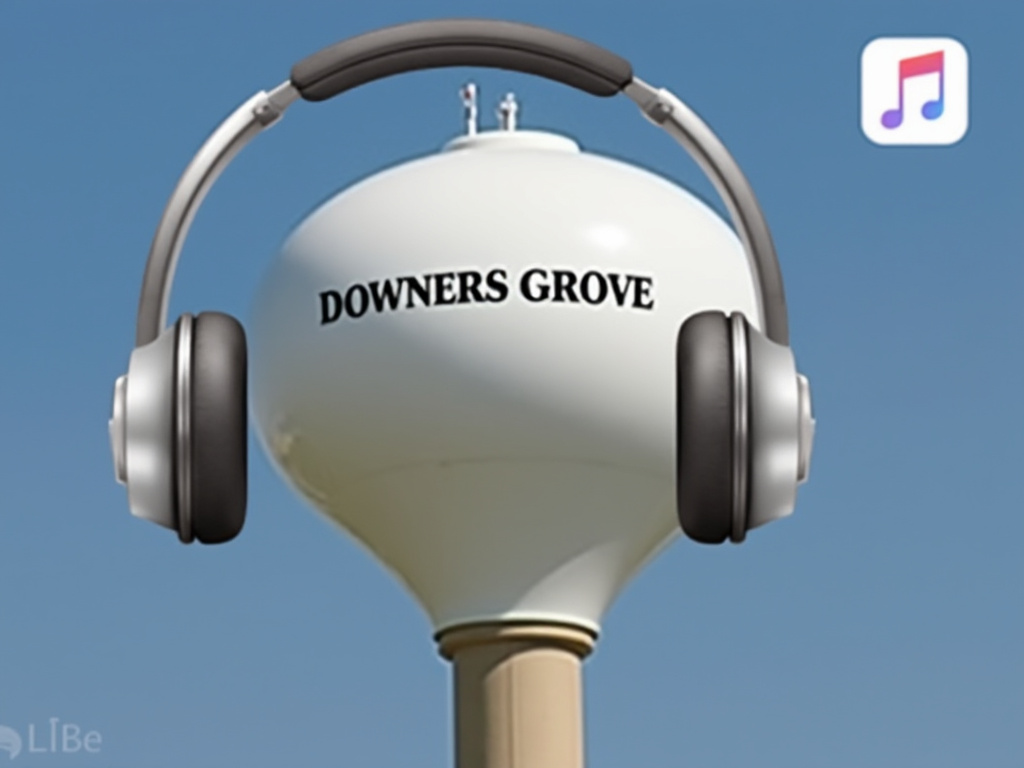 a photo of the Downers Grove, Illinois water tower with an iPhone’s headphones icon photoshopped next to it
