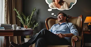 photo of a man sitting in an expensive desk chair with a thought bubble photo of his wife on the couch