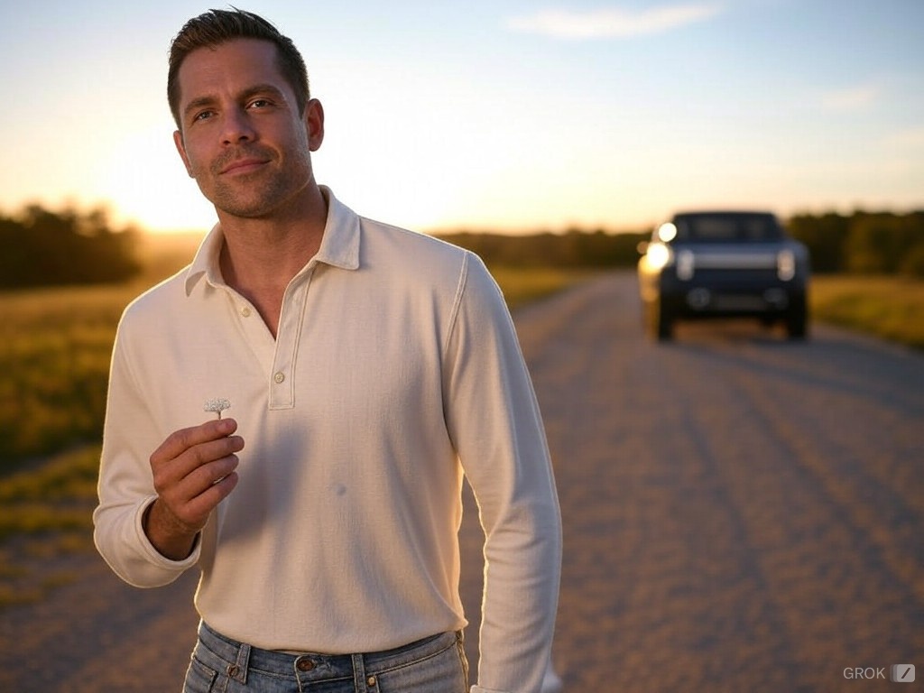 a wide-angle photo of a guy holding a piece of a single solitary white mint with a Rivian R1T in the distance