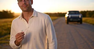 a wide-angle photo of a guy holding a piece of a single solitary white mint with a Rivian R1T in the distance