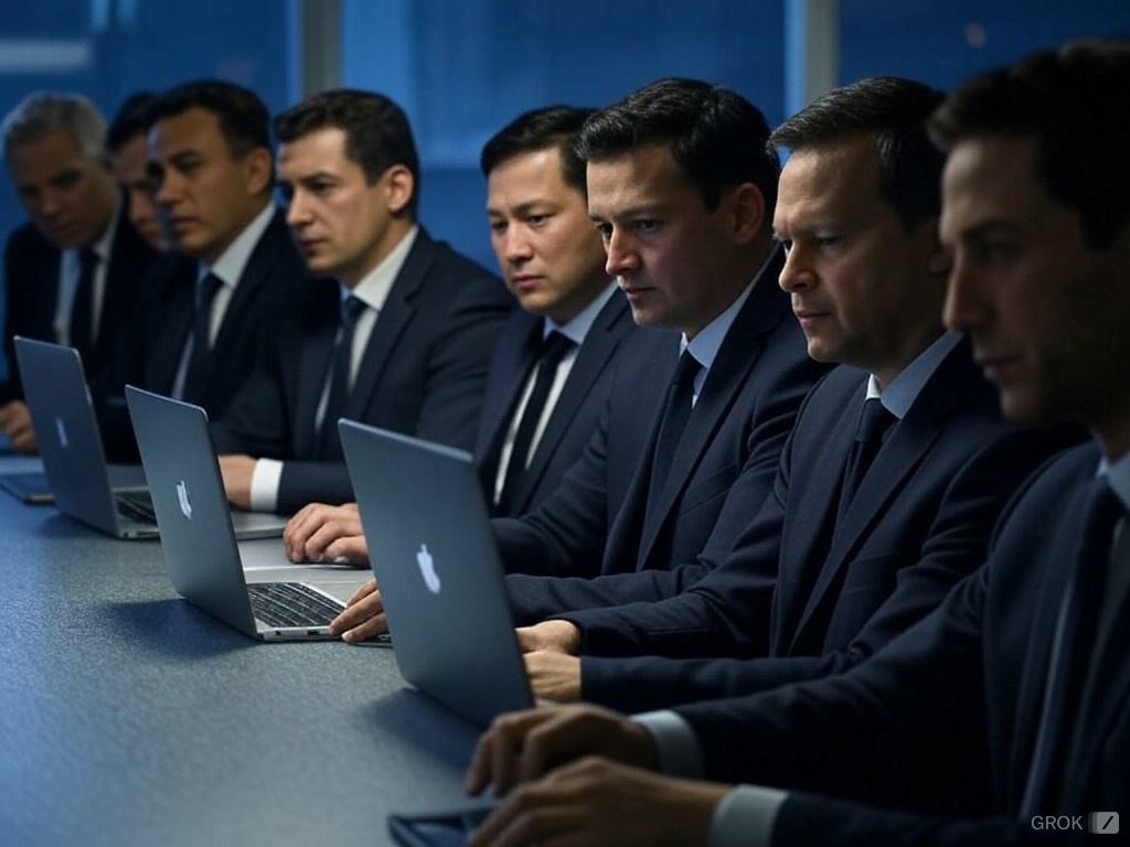 a group of spy-like men sitting in an office around laptops