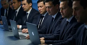 a group of spy-like men sitting in an office around laptops