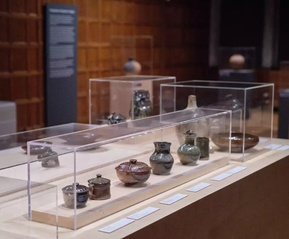 A selection of small pots in a large glass cabinet at table hight