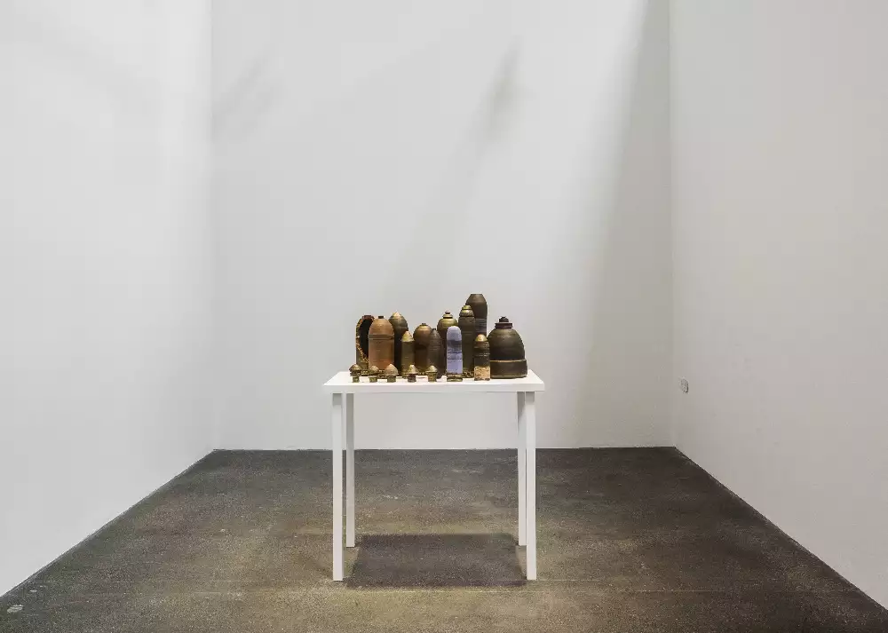 A table in the middle of a white gallery room, on top of the table are a collection of small sculptures resembling domes