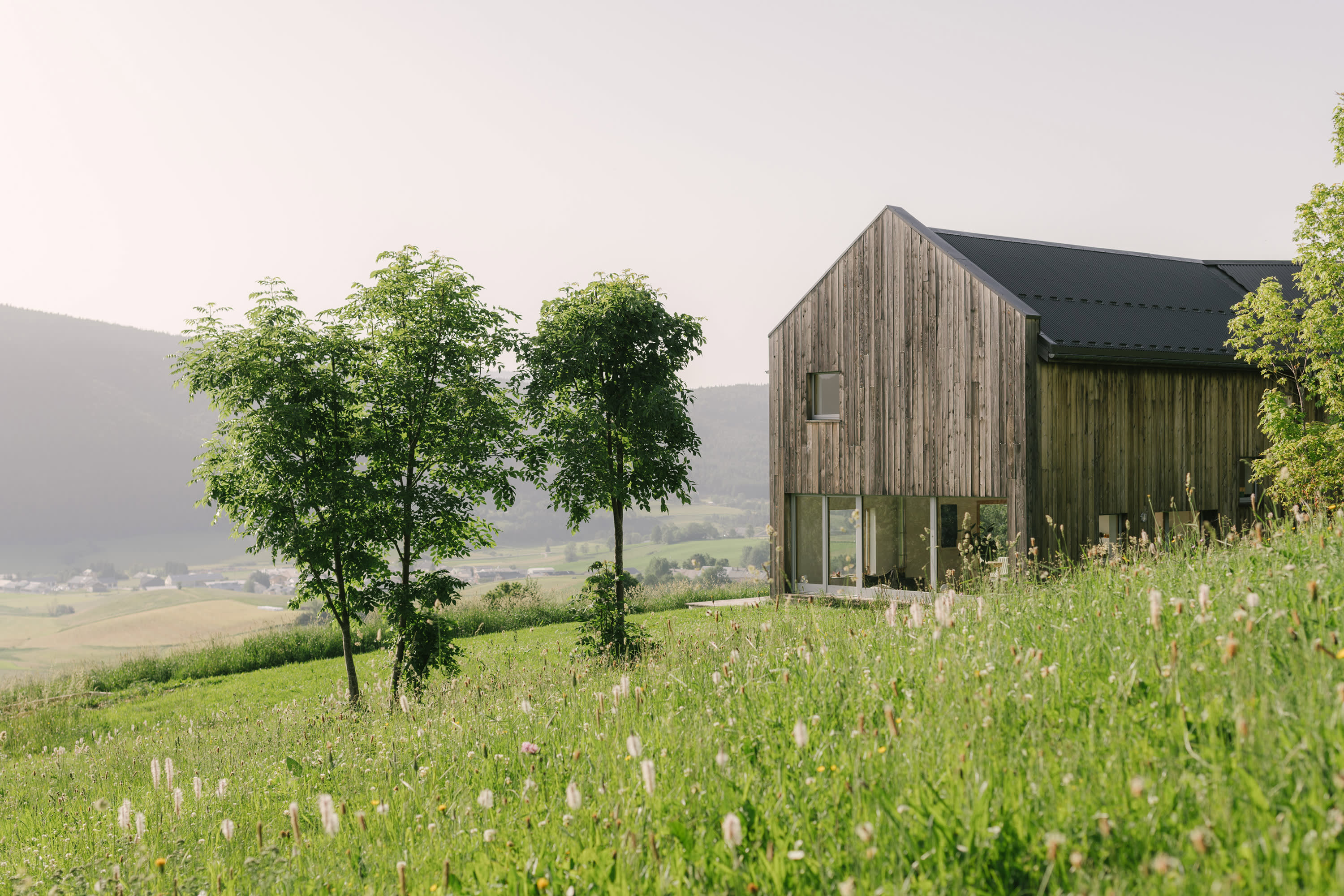 Maison en bardage grisé dans un champ