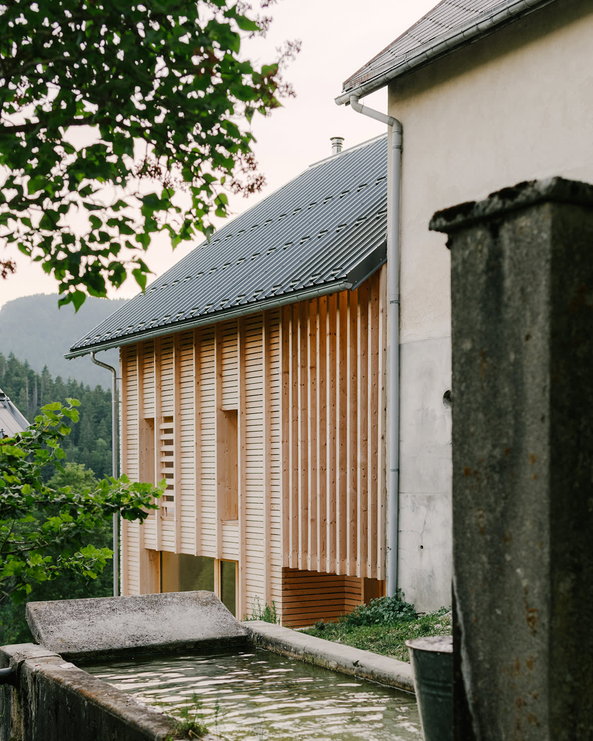 Extension en bois d'une ferme du Vercors avec une fontaine au premier plan