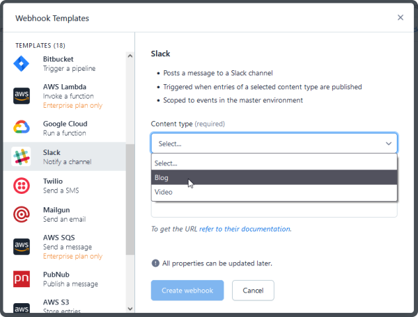 Choosing a Slack webhook for a specific content type