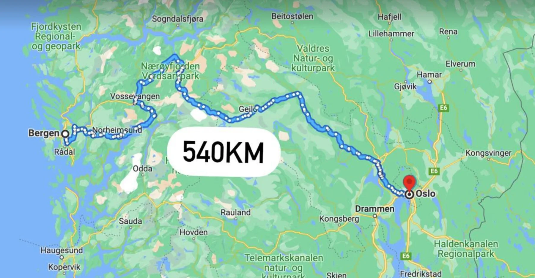 Bilde av et kart som viser sykkelrute fra Oslo til Bergen.