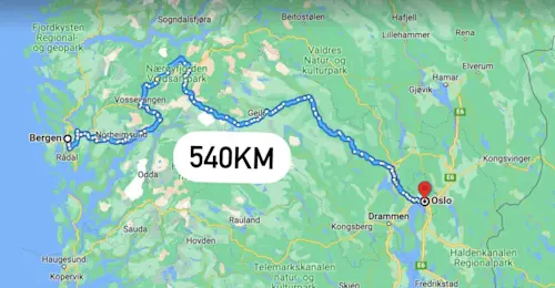 Bilde av et kart som viser sykkelrute fra Oslo til Bergen.