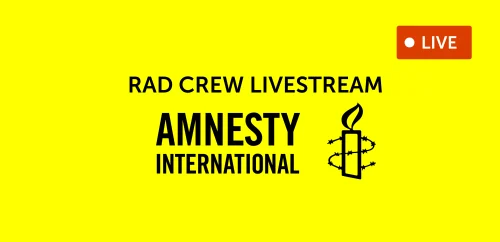 Bilde med tekst der det står "Rad crew livestream" til inntekt for Amnesty international