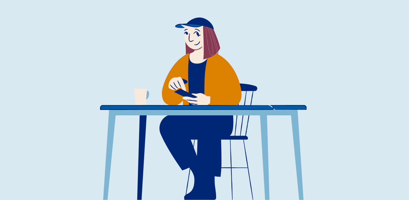 Illustrasjon av en dame med caps som sitter ved spisebordet med mobilen i hånda
