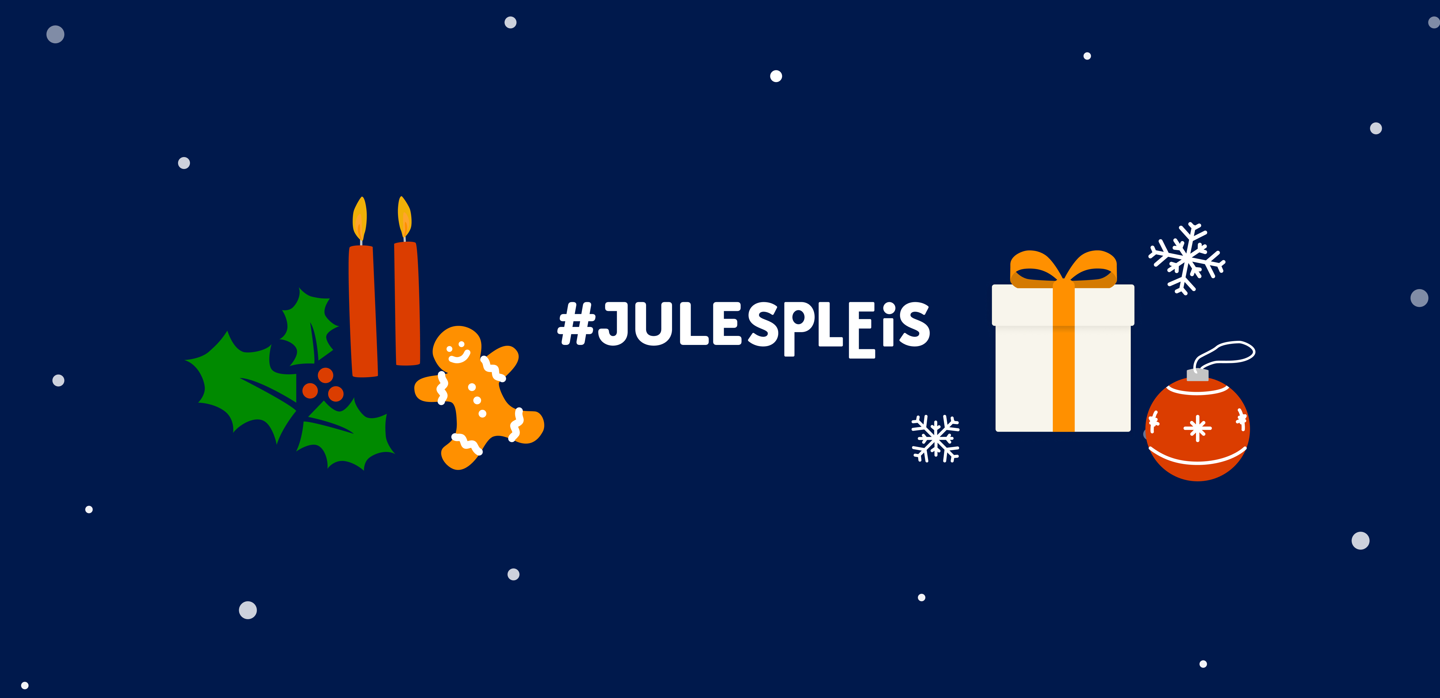 Bilde med julespleis logo med illustrasjon av pepperkakemann, julegave, julekule, lys og kristorn