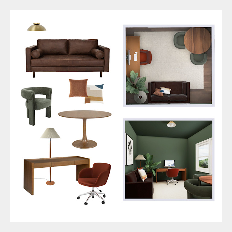 A sample Article design plan for a home office: curated furniture and lighting selections, a top-down furniture layout, and a 3D rendering of the finished room.