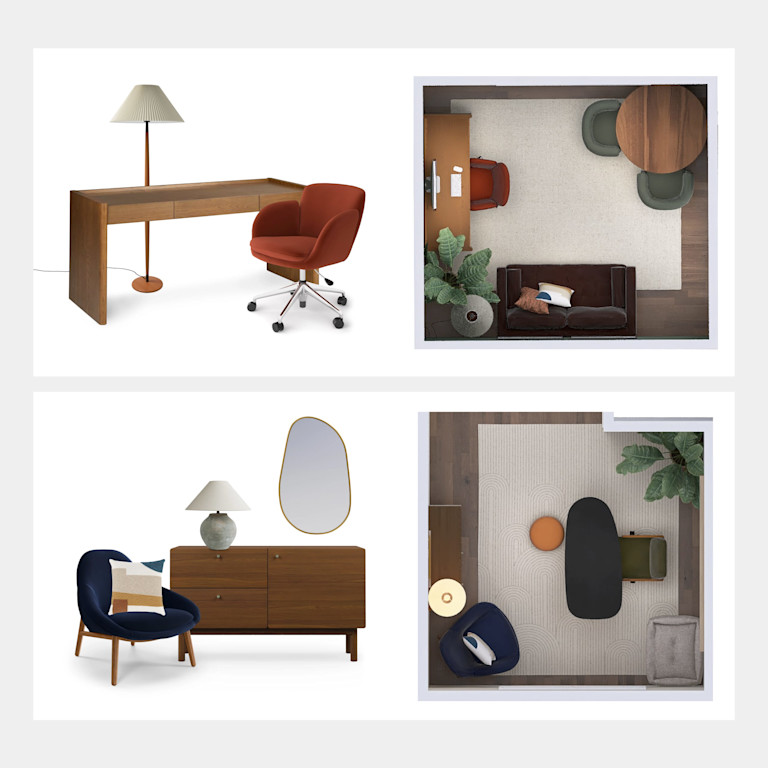 A sample Article design plan showing curated furniture selections next to top-down furniture layouts for two spaces in the home.