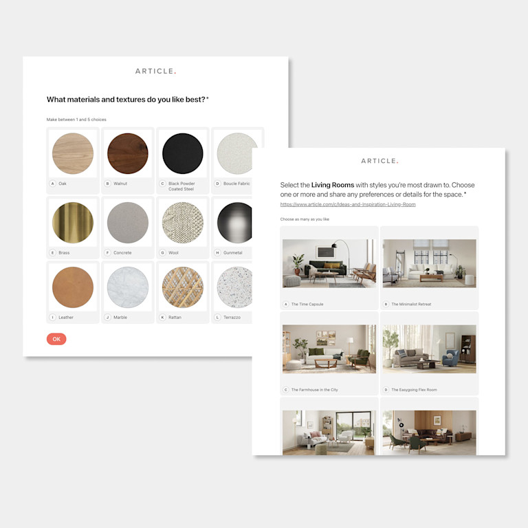 Article’s online design request form, asking which materials and textures you like best and which living room styles you’re most drawn to.