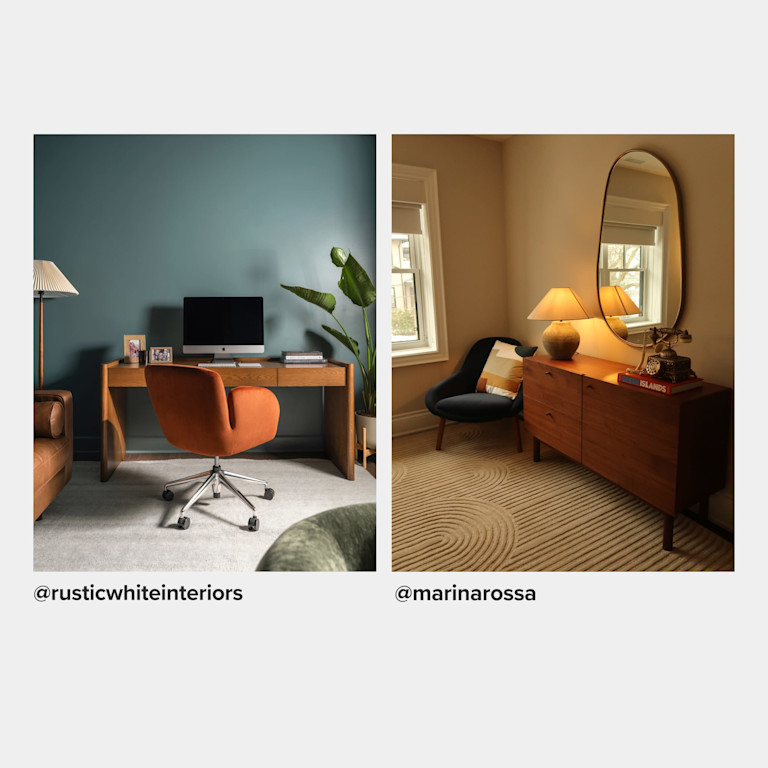 Two finished spaces furnished with Article pieces from the design plan: a home office with a wood desk and rust-colored office chair, and a reading corner with a navy lounge chair and walnut sideboard. Photos by @rusticwhiteinteriors and @marinarossa.