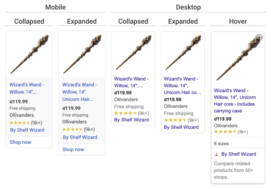 A side-by-side comparison of all Google Shopping Ads states for mobile and desktop in their collapsed and expanded state.