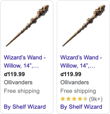 A side-by-side comparison of the same Google Shopping Ad without and with star ratings.