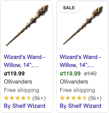 A comparison between a Google Shopping Ad without a discount vs the same ad with a discount.