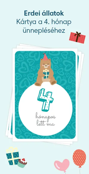 Nyomtatható kártya kisbabád 4 hónapos korának megünneplésére. Vidám motívumokkal – például egy ajándékot tartó medveboccsal –, valamint az alábbi ünnepi felirattal: 4 hónapos lett ma!