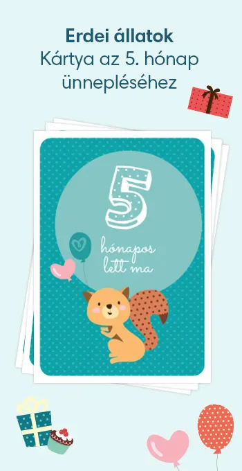 Nyomtatható kártya kisbabád 5 hónapos korának megünneplésére. Vidám motívumokkal – például egy mókussal –, valamint az alábbi ünnepi felirattal: 5 hónapos lett ma!