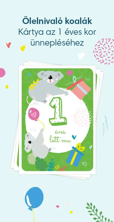 Nyomtatható kártya kisbabád 1 éves korának megünneplésére. Vidám motívumokkal – például ölelnivaló koalával –, valamint az alábbi ünnepi felirattal: 1 éves lett ma!