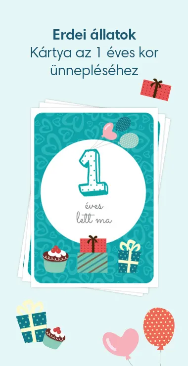 Nyomtatható kártya kisbabád 1 éves korának megünneplésére. Vidám motívumokkal – például ajándékokkal, tortákkal és lufikkal –, valamint az alábbi ünnepi felirattal: 1 éves lett ma!