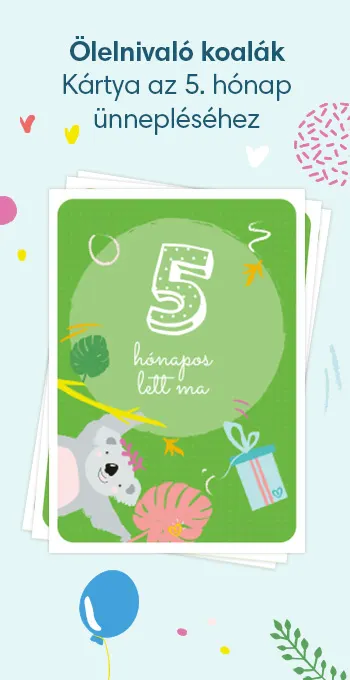 Nyomtatható kártya kisbabád 5 hónapos korának megünneplésére. Vidám motívumokkal – például ölelnivaló koalával –, valamint az alábbi ünnepi felirattal: 5 hónapos lett ma!