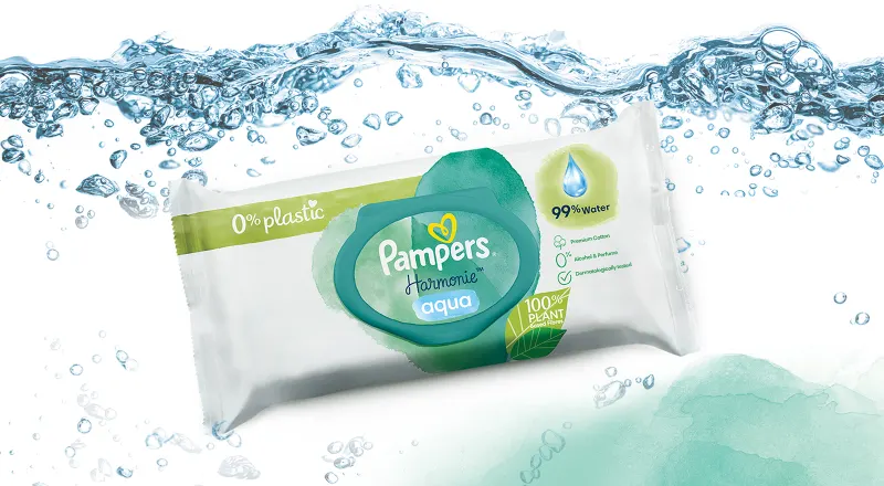 Nedves törlőkendő Pampers Harmonie Aqua 0% műanyag