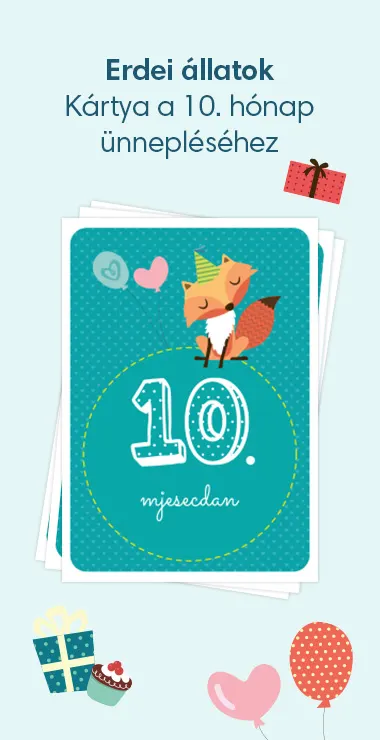 Nyomtatható kártya kisbabád 10 hónapos korának megünneplésére. Vidám motívumokkal – például egy partisapkát viselő rókával –, valamint az alábbi ünnepi felirattal: 10 hónapos lett ma!