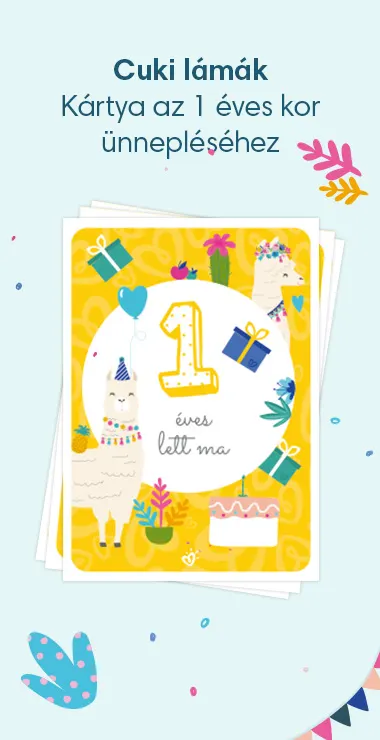 Nyomtatható kártya kisbabád 1 éves korának megünneplésére. Vidám motívumokkal – például cuki lámákkal –, valamint az alábbi ünnepi felirattal: 1 éves lett ma!