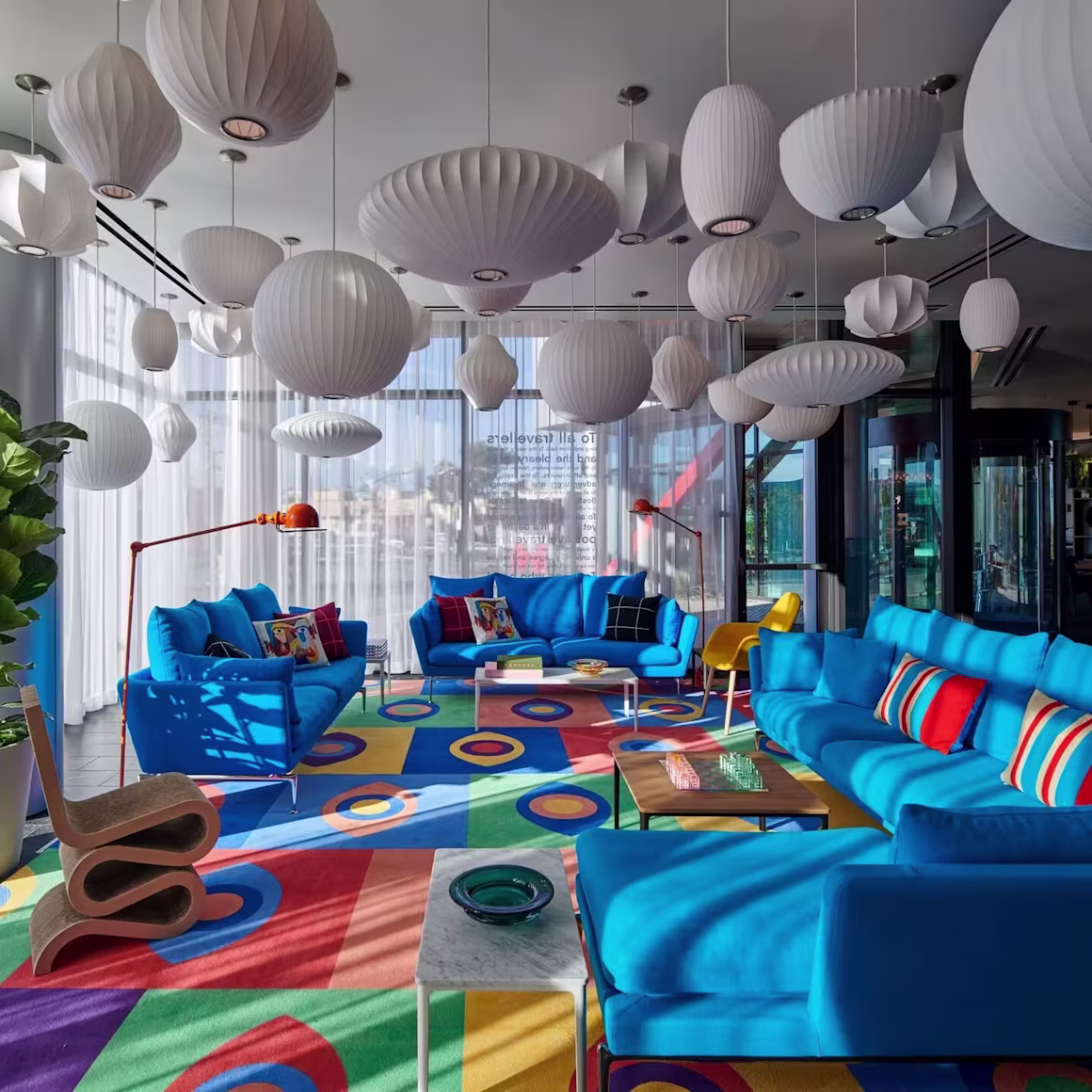 citizenM hotel Menlo Park living room with blue couches