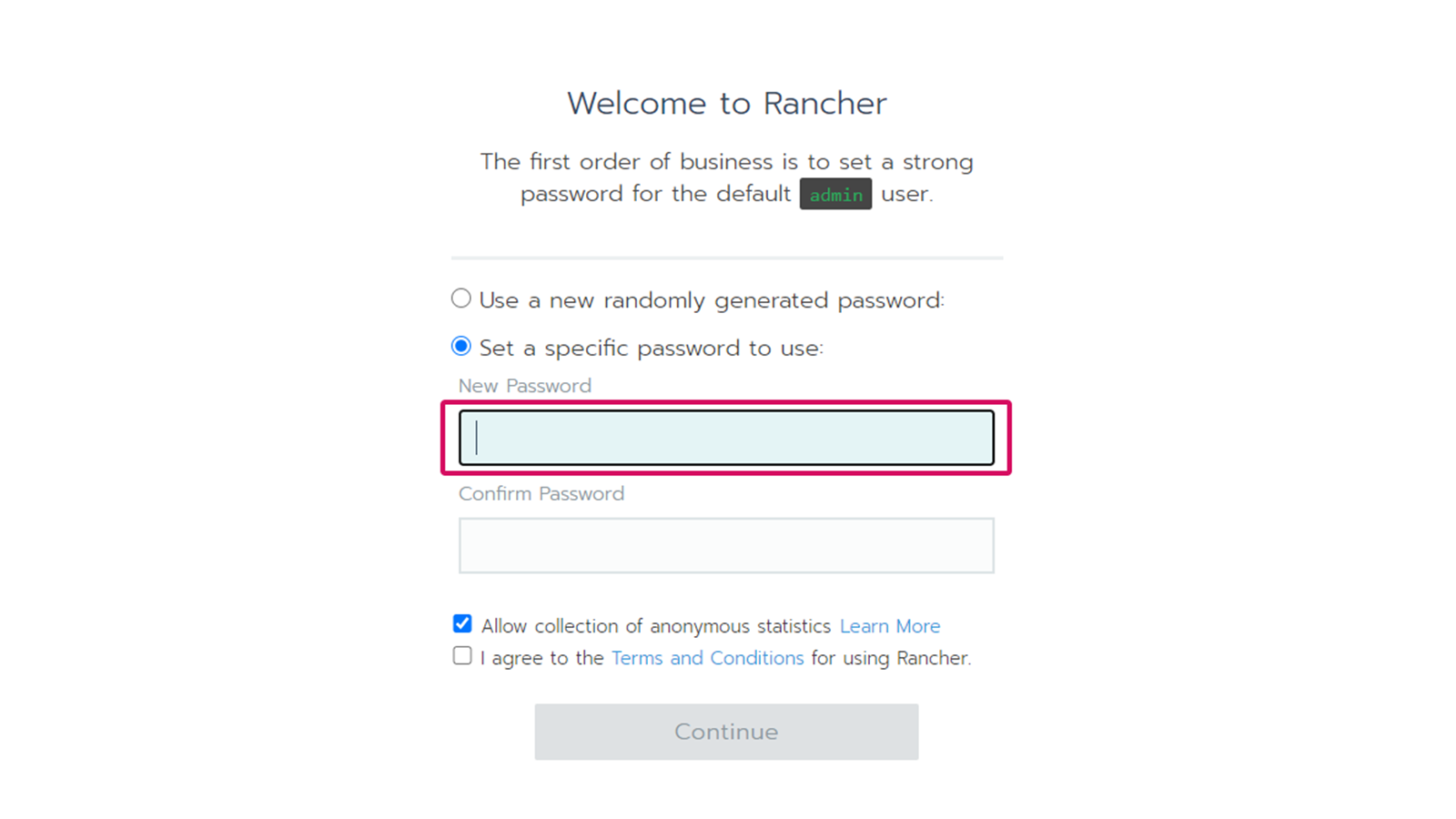 Första gången du besöker Rancher behöver du sätta ett lösenord för admin-användaren