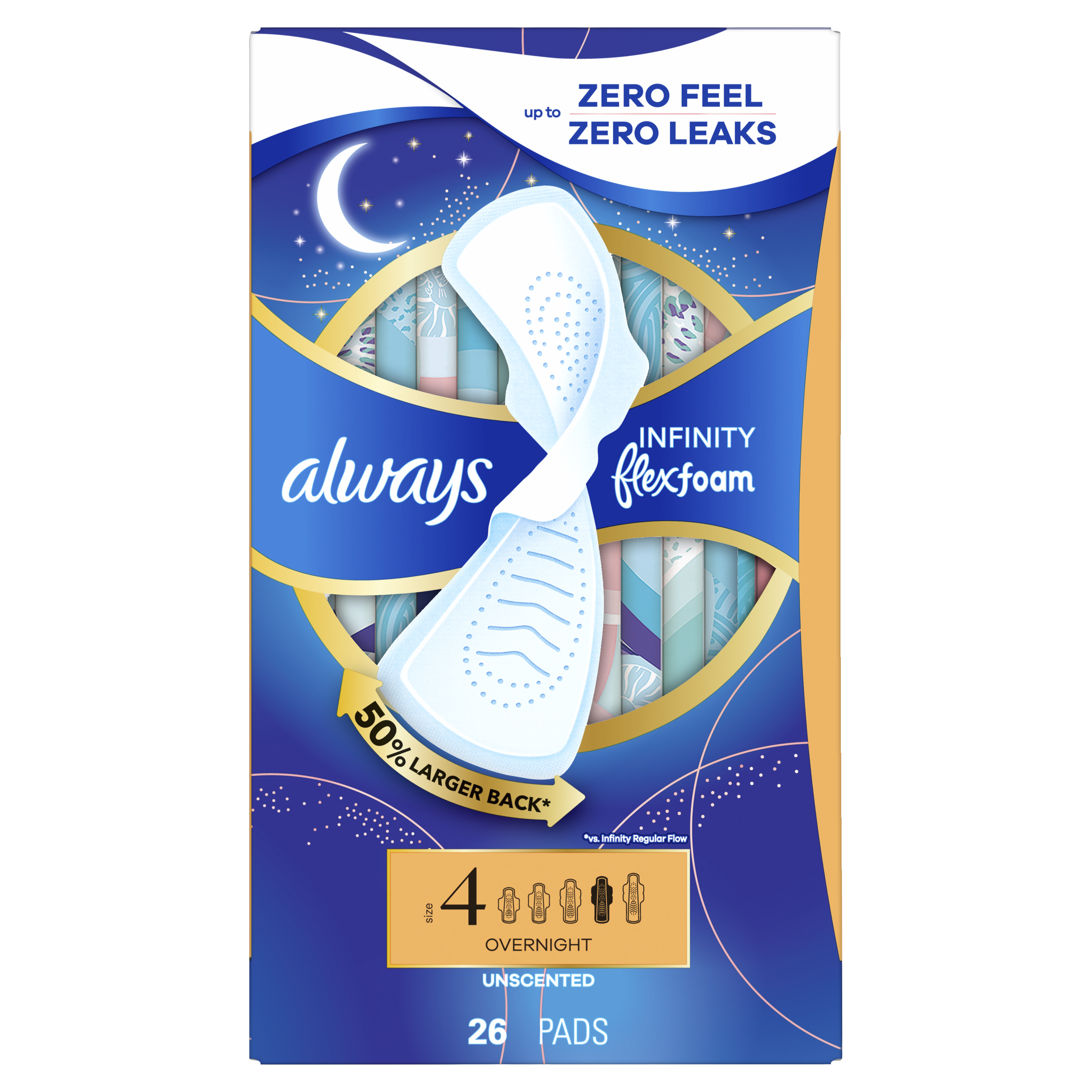 Always Infinity FlexFoam Pads for Women, Size 4, Overnight Pad